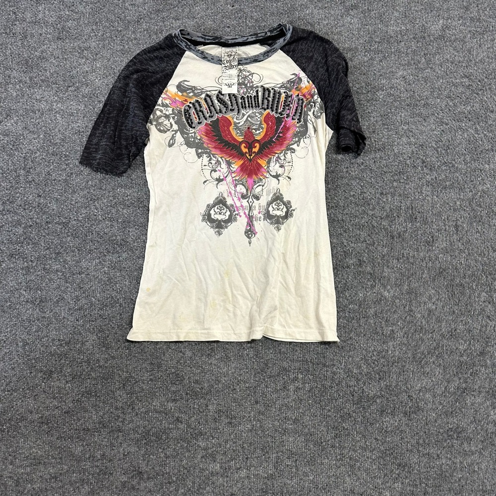 Crash & Burn Raglan Shirt Womens Size M Cream Grey Graphic Phoenix Y2K USA Made